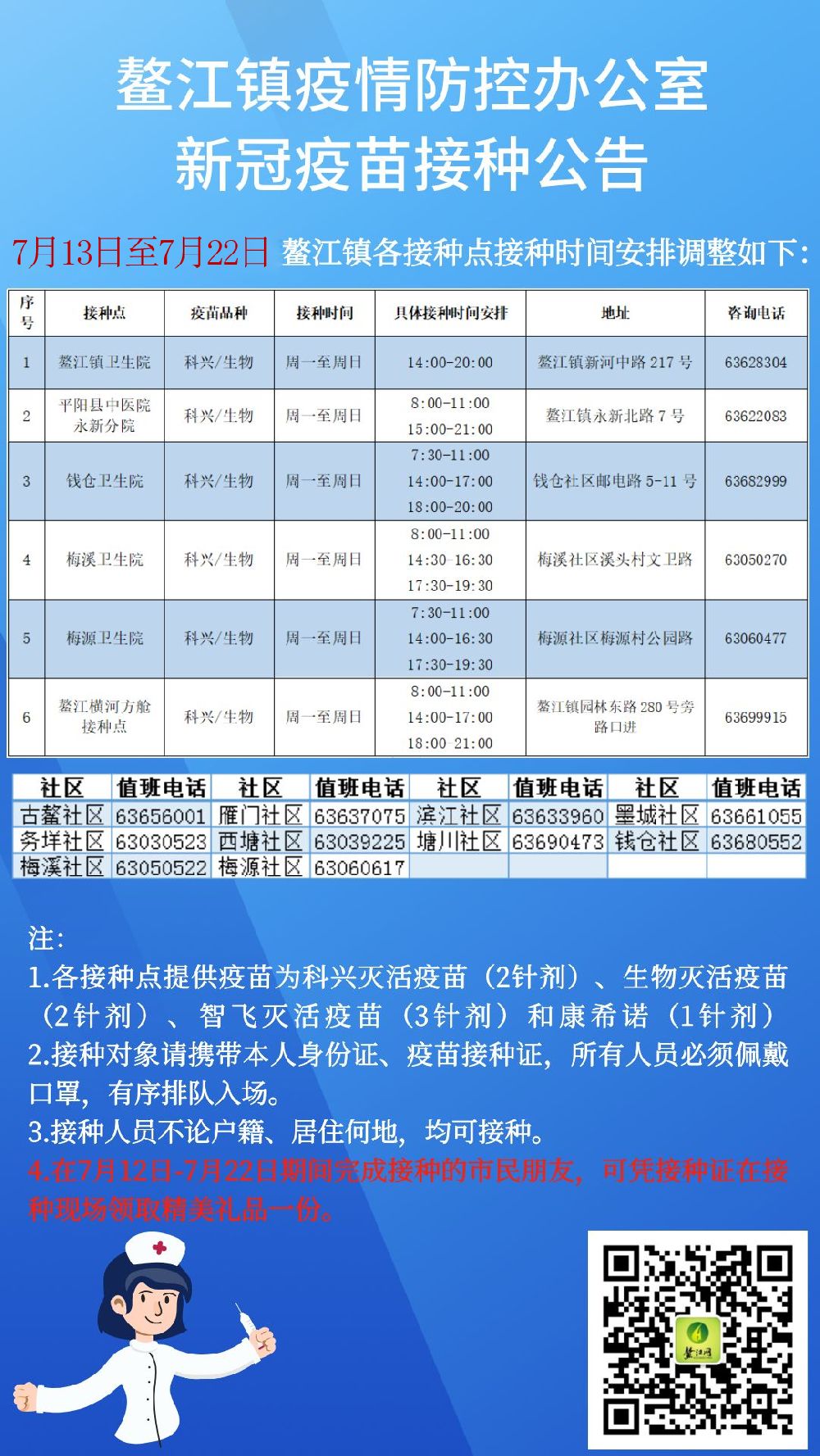 2022年温州平阳县鳌江新冠疫苗接种点地址 服务时间