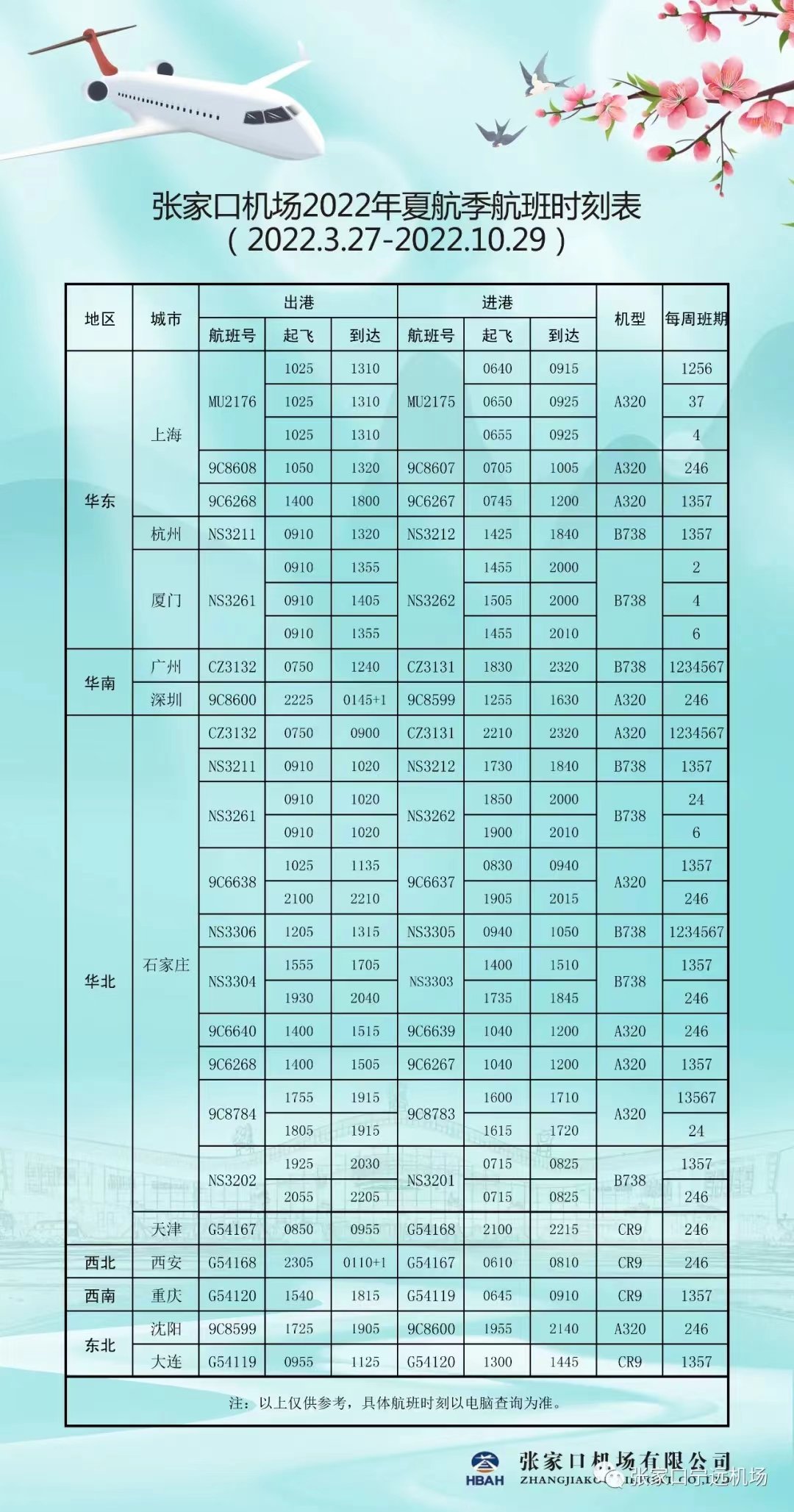 2022张家口机场航班时刻表