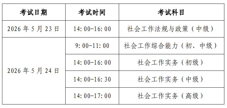 2026北京社会工作者职业资格考试时间安排表