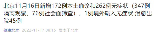 11月16日全天北京新增172 262(社会面筛查76例)