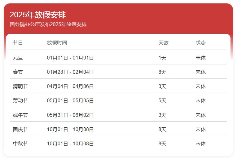 2025放假时间表公布最新消息