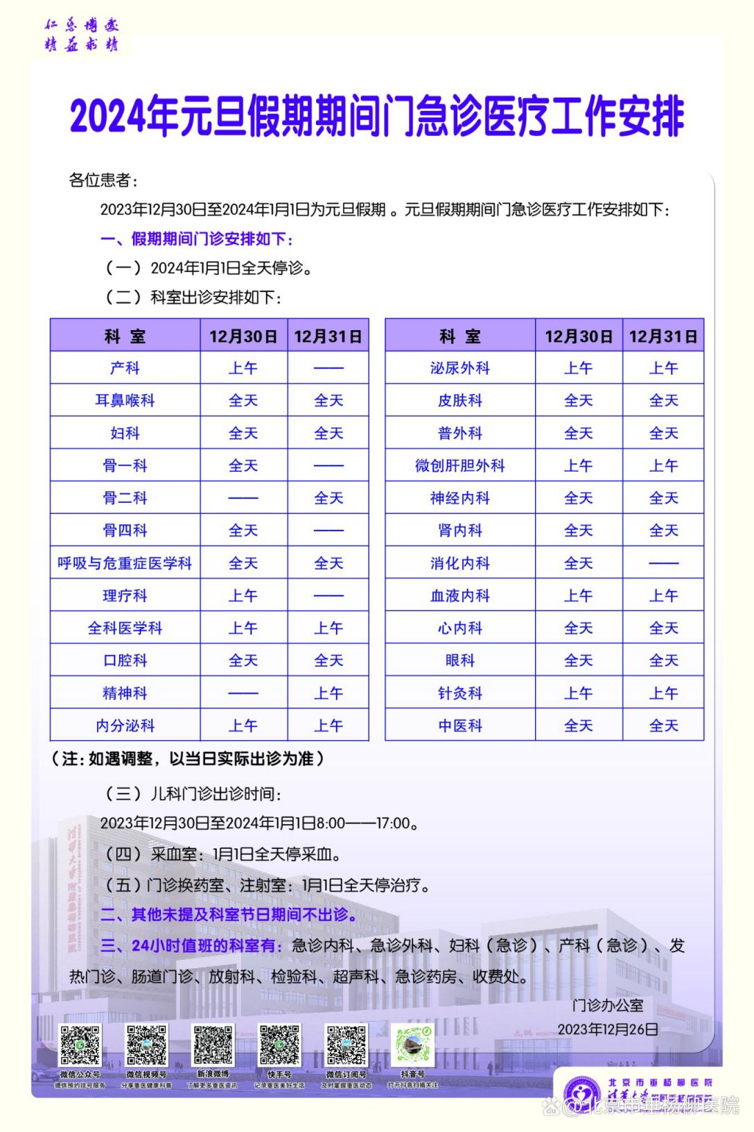 2024北京元旦各大医院门诊上班时间及门急诊安排