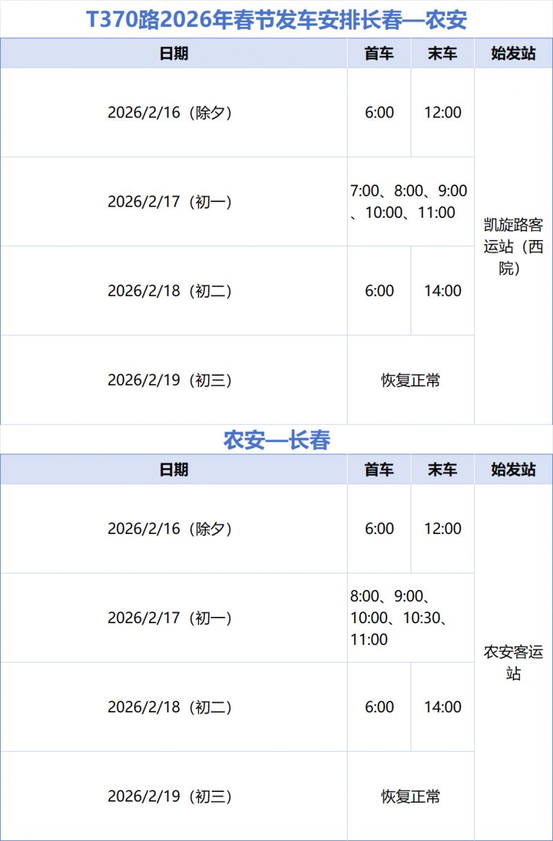 2026年长春城际公交春节发车安排