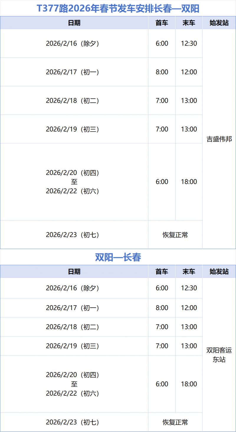 2026年长春城际公交春节发车安排