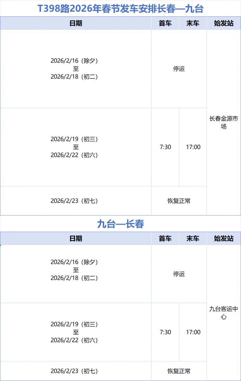 2026年长春城际公交春节发车安排