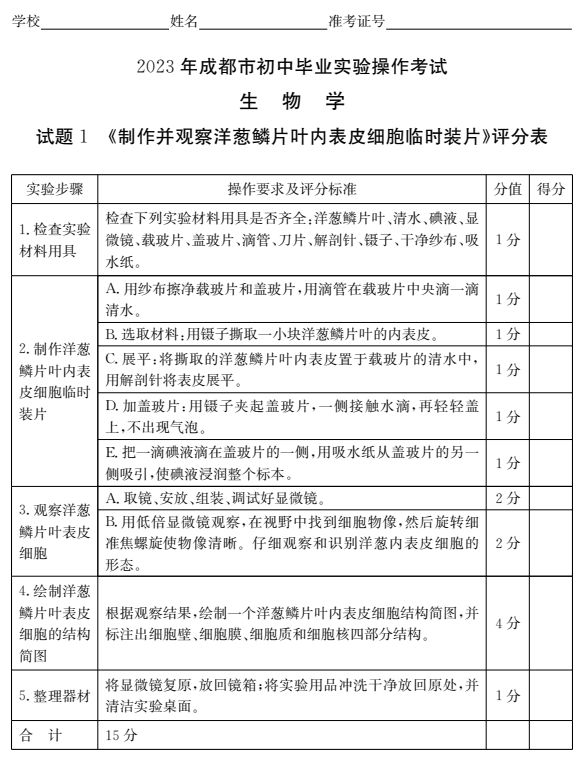 2023成都初中生物實驗操作試題及分值標準（附視頻入口）