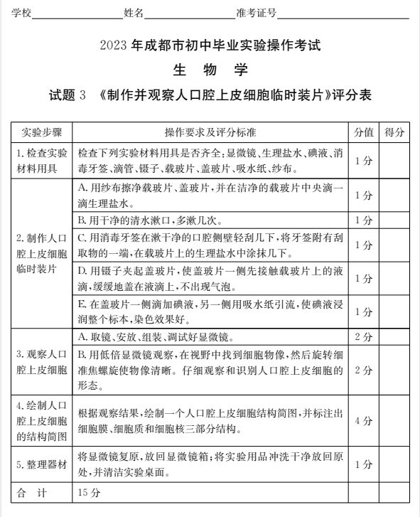 2023成都初中生物實驗操作試題及分值標準（附視頻入口）