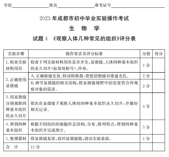 2023成都初中生物實驗操作試題及分值標準（附視頻入口）