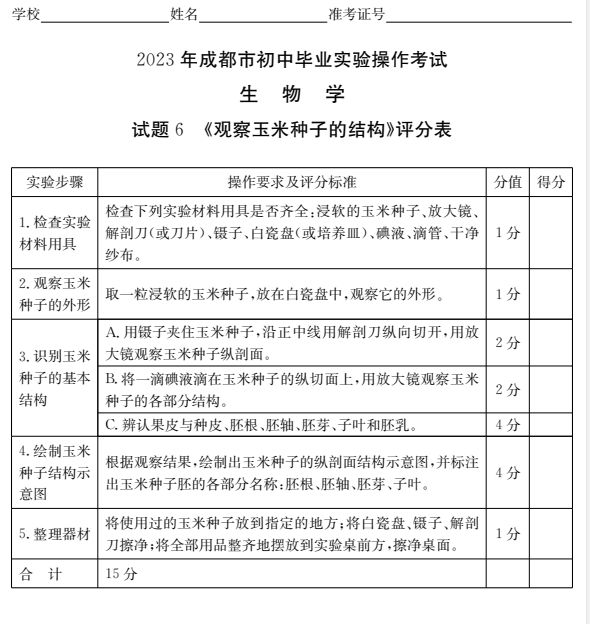 2023成都初中生物實驗操作試題及分值標準（附視頻入口）