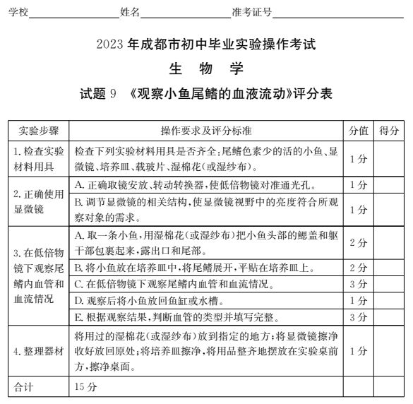 2023成都初中生物實驗操作試題及分值標準（附視頻入口）
