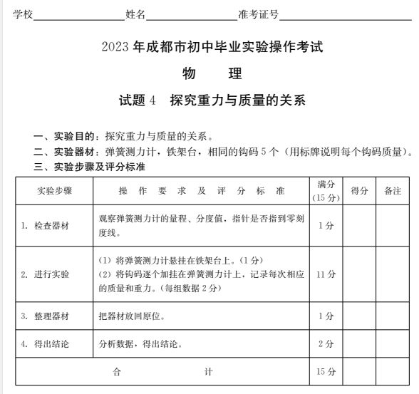 成都初中物理實驗操作考試及分值分布2023