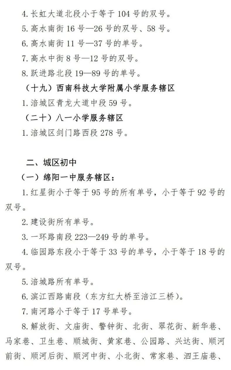 2023綿陽涪城區公辦義務教育學校劃片范圍