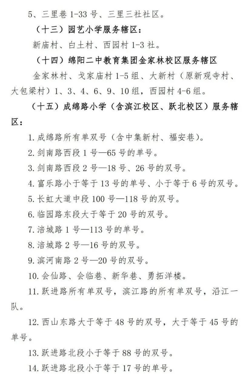 2023綿陽涪城區公辦義務教育學校劃片范圍