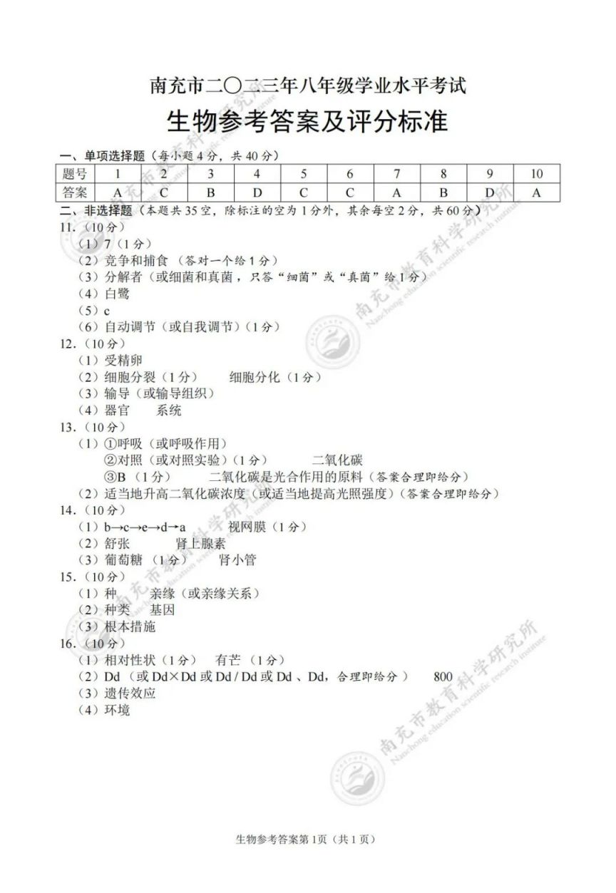 2023年南充市中考各科考试试题及参考答案
