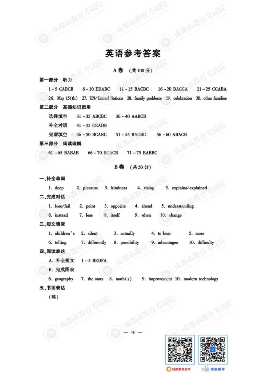 2023年成都各科中考试卷及参考答案（语文/数学/英语）