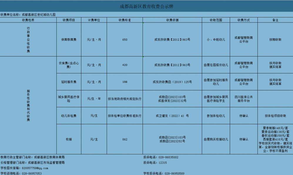 成都高新区世纪城幼儿园春季学期收费标准2026