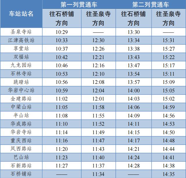 重庆轨道交通江跳线最新运营时刻表