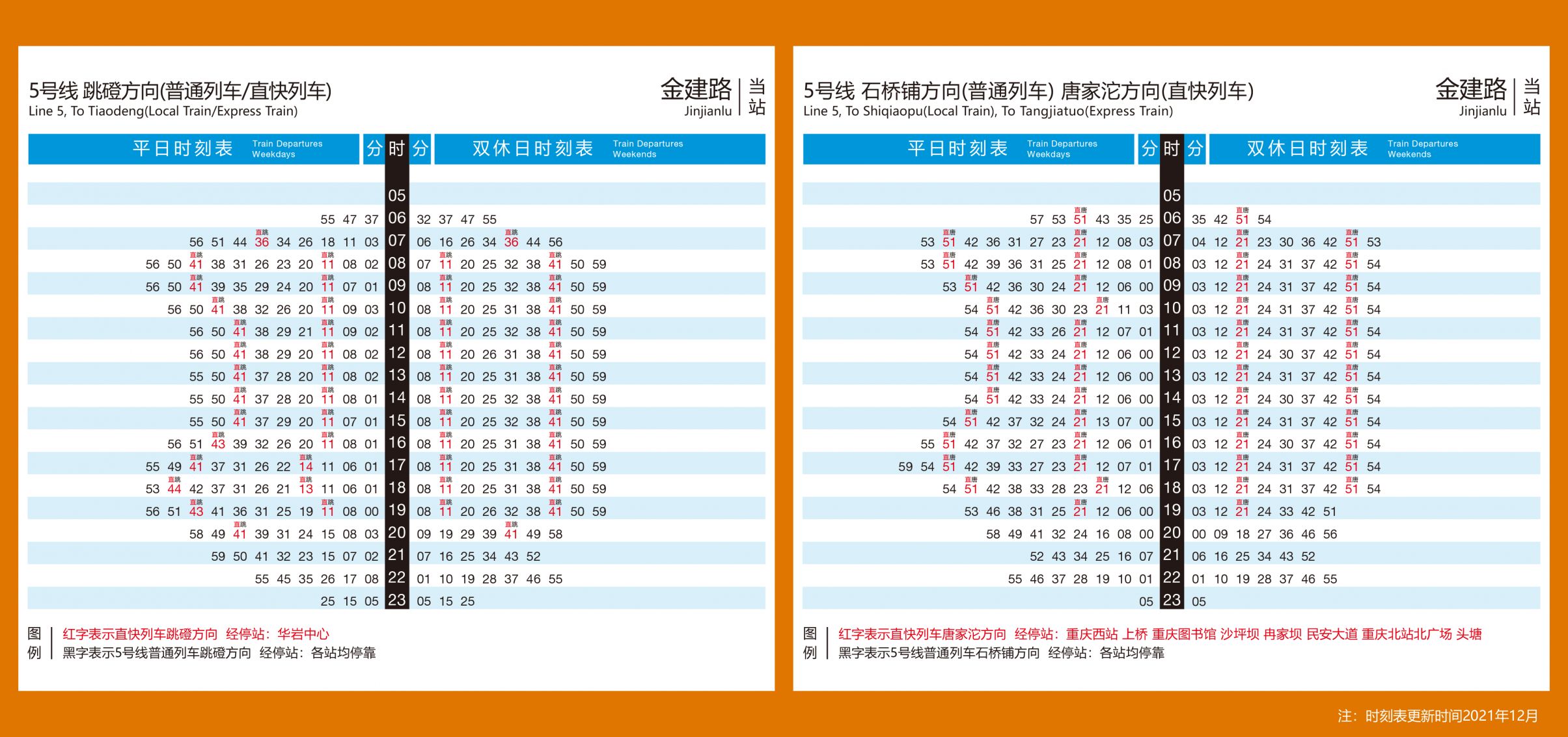 重庆5号线金建路站直快列车时刻表