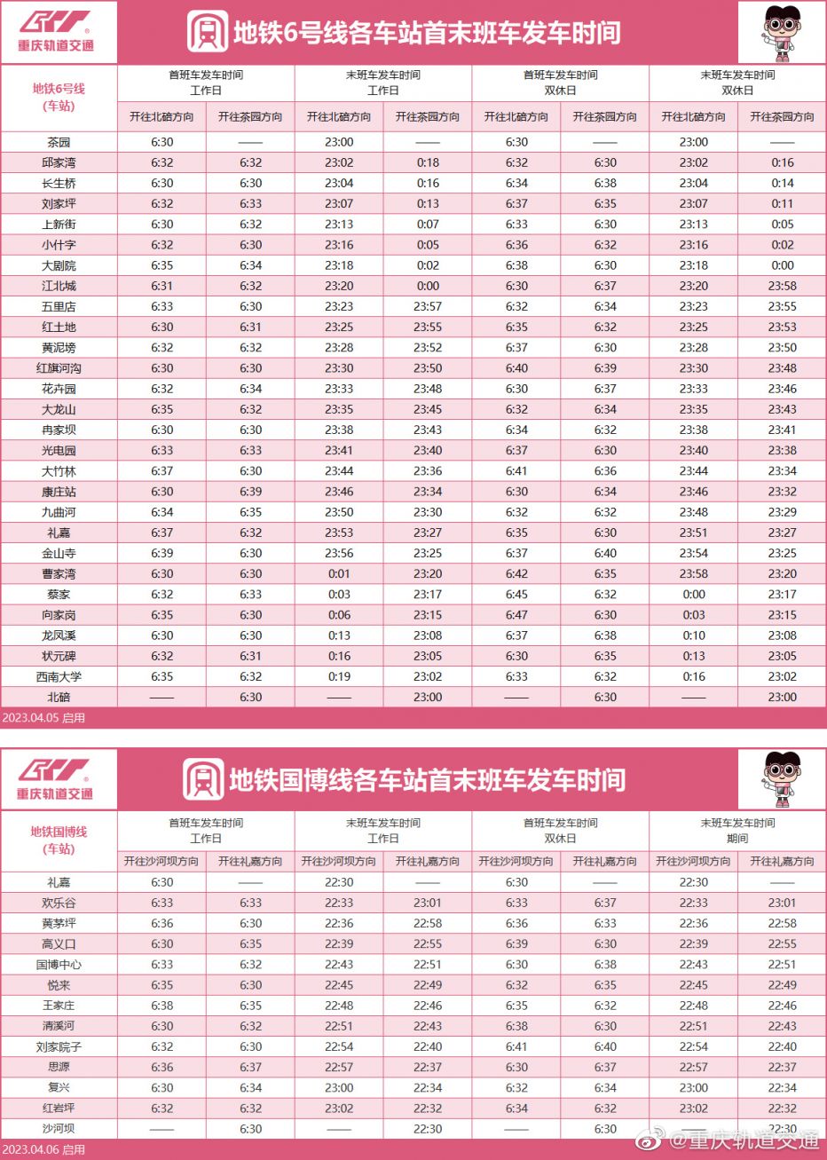 重庆地铁6号线运营时间表(最新)