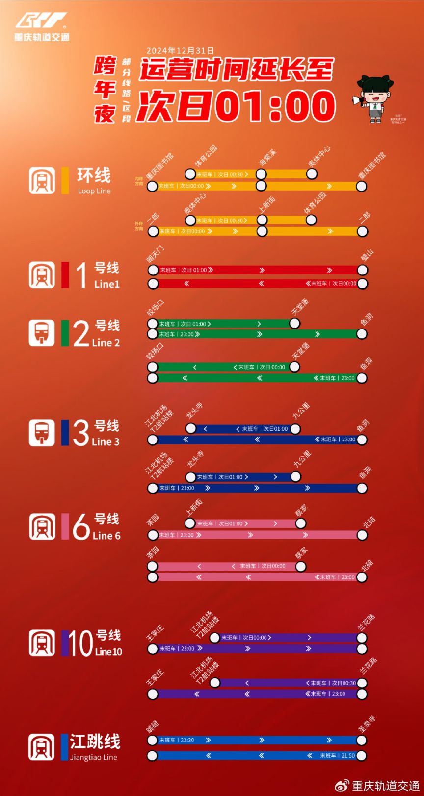2025跨年夜重庆2号线晚上什么时候收班？