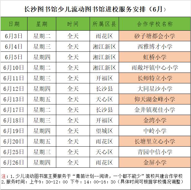 2025年6月长沙图书馆流动图书车行车安排