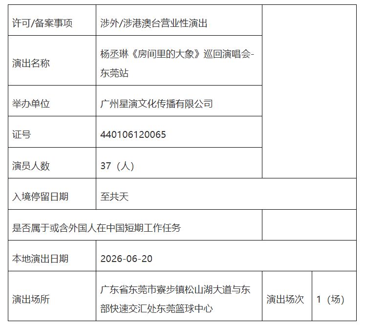 2026杨丞琳东莞演唱会审批通告