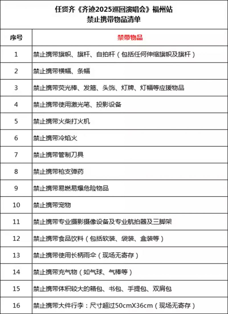 2025福州任贤齐演唱会禁带物品清单