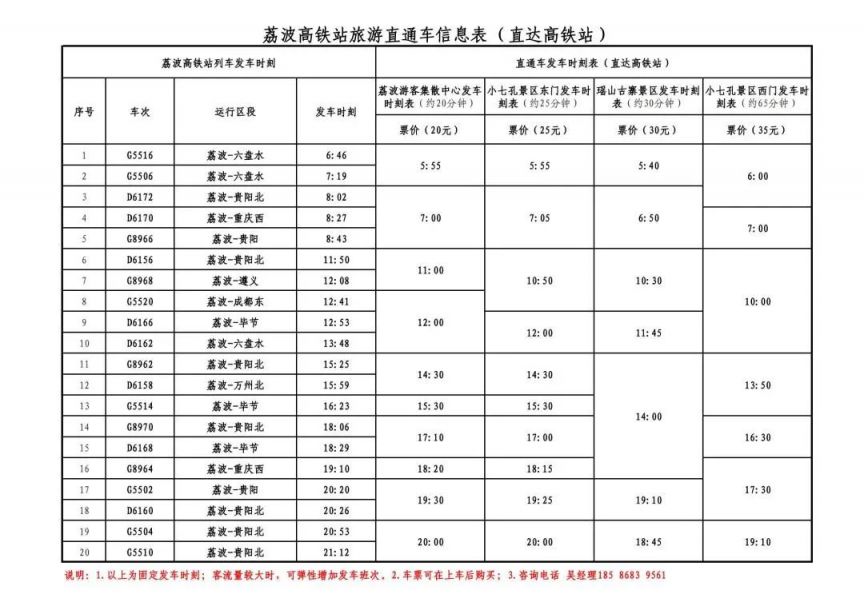 荔波高铁站专线直通车线路表