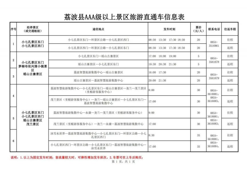 荔波高铁站专线直通车线路表