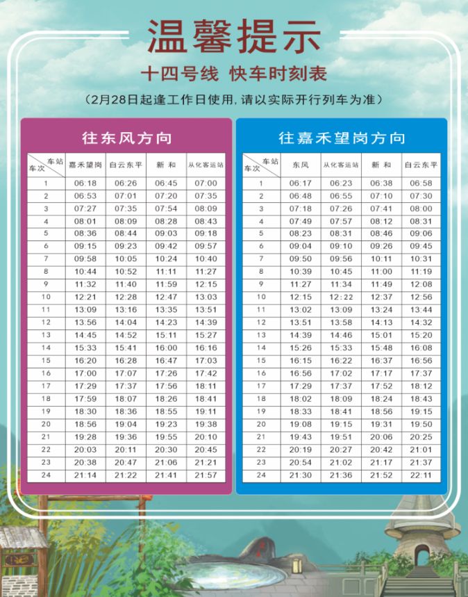 2月28日起廣州地鐵14號線快車時刻表調整一覽