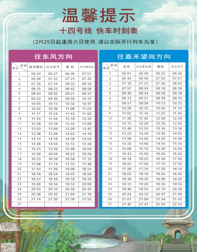 2月28日起广州地铁14号线快车时刻表调整一览
