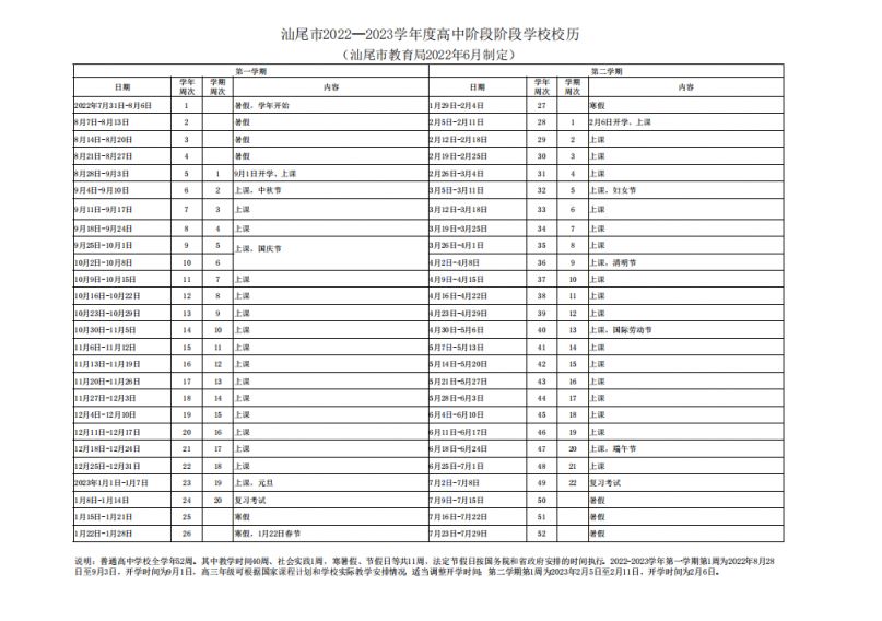 汕尾市2022-2023学年度普通中小学校校历