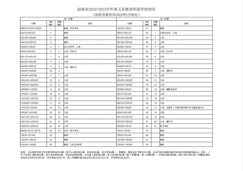 汕尾市2022-2023学年度普通中小学校校历