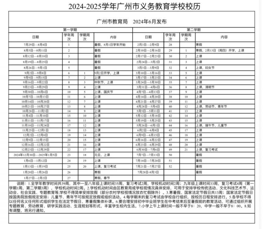 2024广州普通中小学学校放假＋开学时间