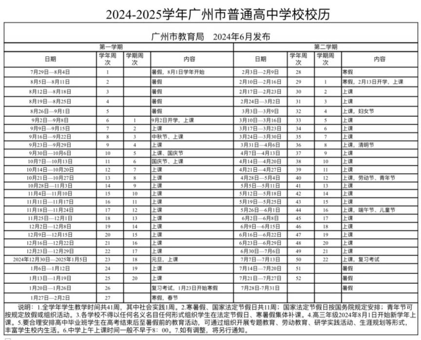 2024广州普通高中学校放假时间+开学时间