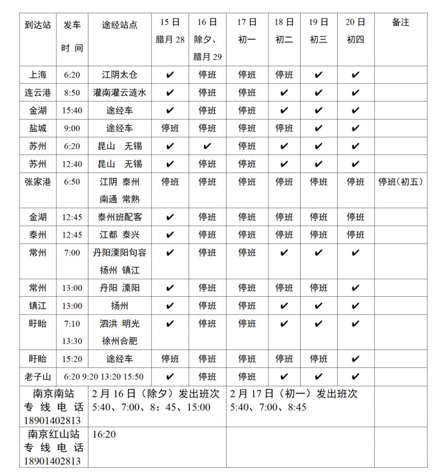 2026年春节淮安洪泽汽车客运站运休班次表