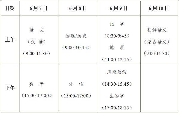 2024黑龙江高考考试科目时间安排
