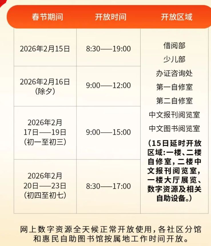 哈尔滨市图书馆2026年春节期间开放时间安排