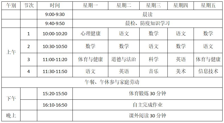 合肥市长江路第二小学栢景湾校区线上教学课程表