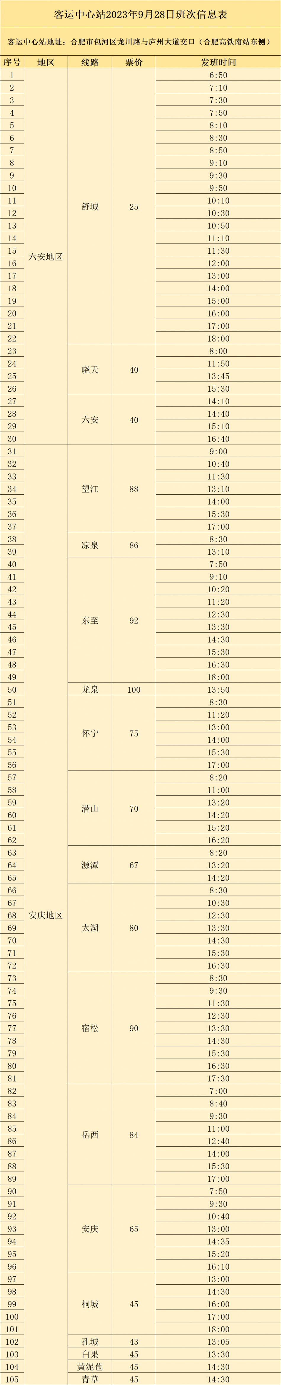 2023中秋国庆合肥汽车客运站班次信息表