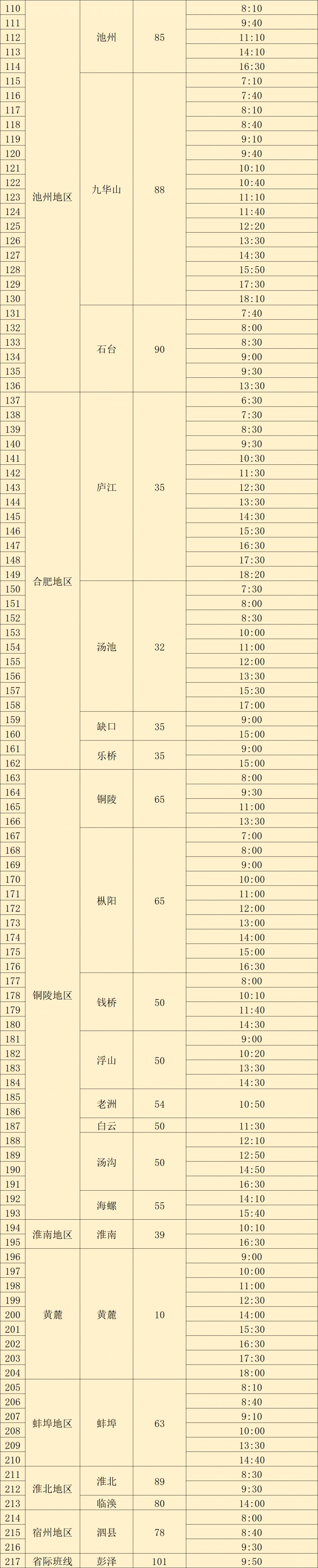 2023中秋国庆合肥汽车客运站班次信息表