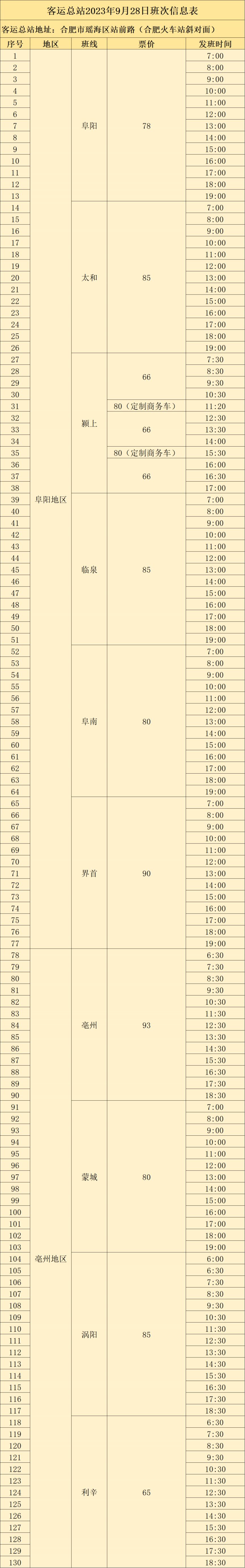 2023中秋国庆合肥汽车客运站班次信息表