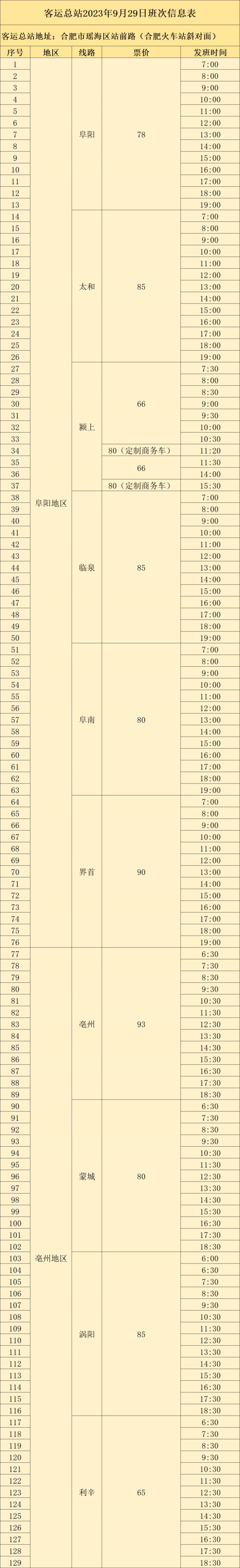 2023中秋国庆合肥汽车客运站班次信息表