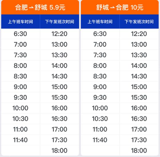 合肥⇌舒城站点巴士班次时刻表