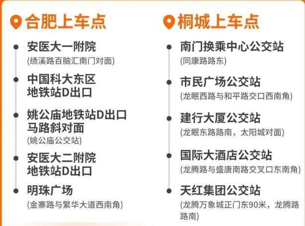 合肥⇌桐城站点巴士停上车站点详细信息（站点分布）