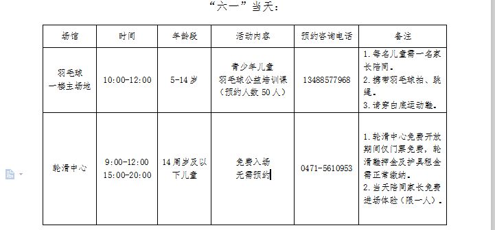2025内蒙古体育馆六一儿童节免费开放及公益培训课