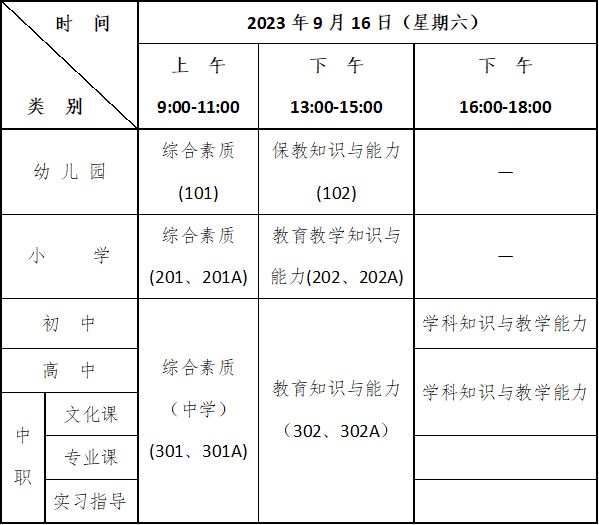 2023年下半年金华市教资笔试各科目考试时间安排表