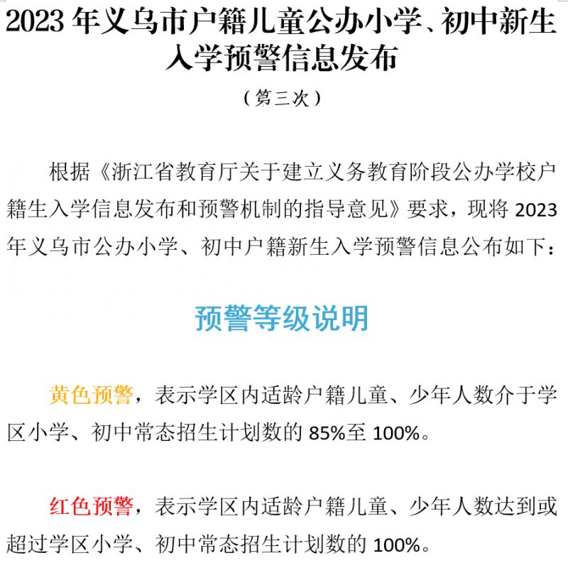 2023年义乌市公办小学、初中新生入学预警（第三次）