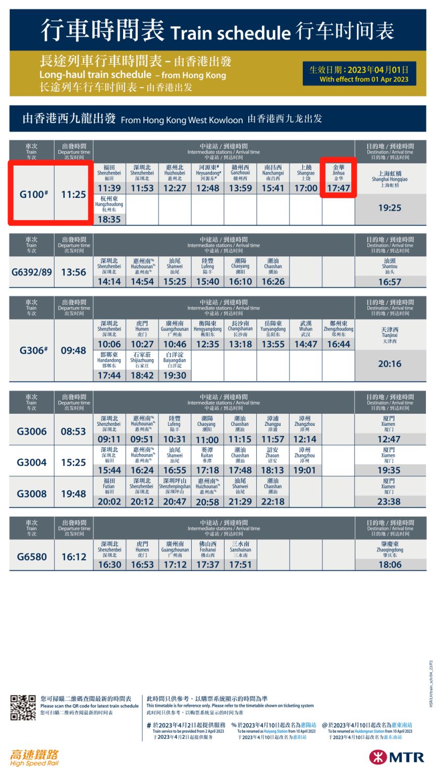 2023金华站直达香港的高铁站时刻表