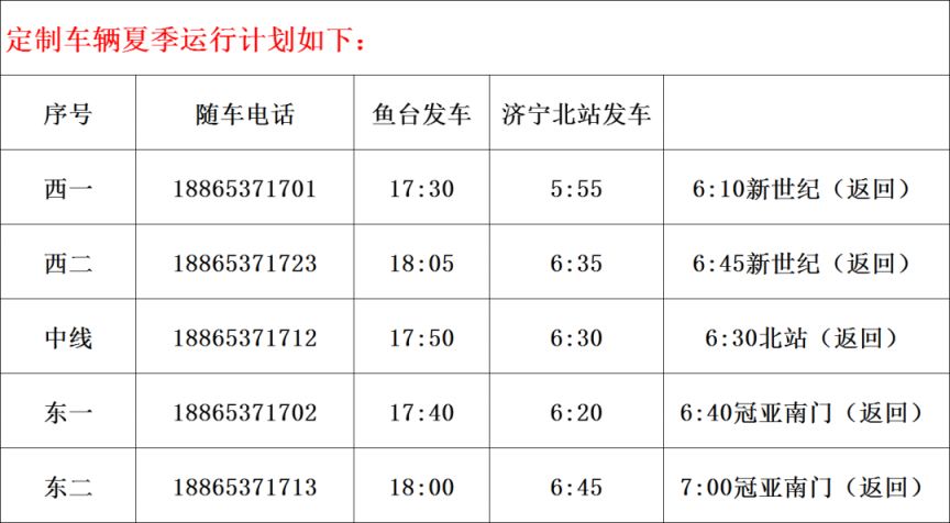 鱼台到济宁北站的公交车线路及时刻表一览